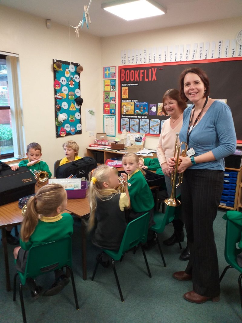 Linda Scott OBE, Trustee of the Napton Music Festival Trust and Helen Pugh, teacher of the brass lessons